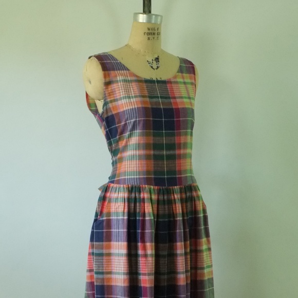 vintage plaid dress | 1980s medium cotton dress - Picture 2 of 14